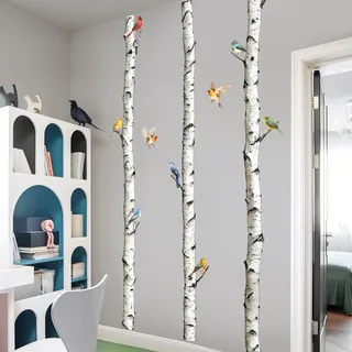 Supzone Wandtattoo Hohe Birkenbäume 240cm, Wandaufkleber 3 weiße Espenbäume Vögel Selbstklebende Wandsticker Birkenstamm für Wohnzimmer Schlafzimmer Sofa TV Hintergrund Wanddeko