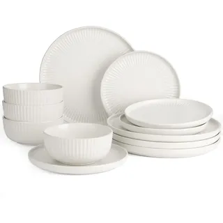 Richmount Starlight Geschirrset, 12-teiliges Teller Set, Geschirrset 4 personen, Geripptes Strukturiertes Geschirr, Mikrowellen & Spülmaschinenfest, Anti-Kratzer, Reaktive Glasur, Mattes Beigeweiß
