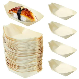 Semazz Holzboot Teller,100 PCS Bambus Geschirr Holzboot Gerichte Serviertabletts Einweggeschirr Bambus Schalen Schüssel Servierschüssel für Fingerfood Currywurst Pommes Sushi