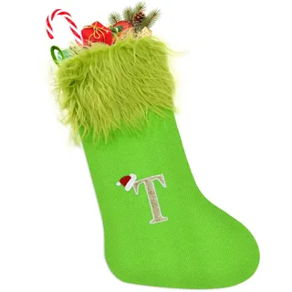 TOPWAYS Weihnachtsstrumpf, 50cm Grinch Weihnachtsstrumpf Gestrickt, Personalisierte Weihnachtsstrümpfe mit Buchstaben, Weihnachtsbaum Kamin Hängende Ornamente Geschenkhalter Weihnachtsdekorationen