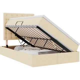 vidaXL LED-Speicherbett mit Matratze Creme 120 x 200 cm Stoff - Creme