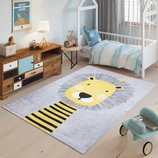 TAPISO Emma Kinderteppich Grad Grau Gelb Löwe Antirutsch 120 x 170 cm | Waschbar bei 30 Grad bedruckter Kinderteppich Kinderzimmer Jugendzimmer Modern OEKO-TEX