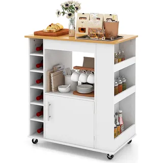 COSTWAY Küchenwagen mit Handtuchhalter und Gewürzregalen, für 6 Flaschen, rollbar weiß - Weiß, Naturbelassen