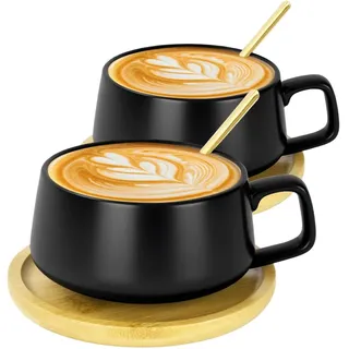 AOOTE Cappuccino Tassen mit Unterteller,2 Stück Espressotassen,320ml Kaffeetassen aus Steingut,Dickwandige Kaffeebecher,Cappuccinotassen Set für Tee,Espresso,Cappuccino und Latte (Schwarz)