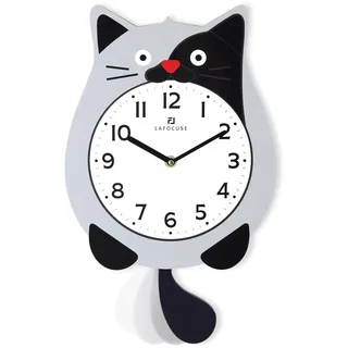Lafocuse Grau Katzen Wanduhr Holz mit Schwingendem Pendel, Modern Kinder Wanduhr Batteriebetrieben, Pendeluhr Deko für Kinderzimmer Schlafzimmer Wohnzimmer