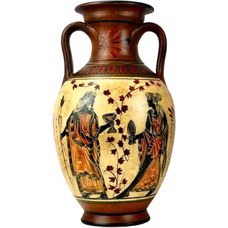 Antike, griechische Vase, Amphore, Göttin Athene, Aphrodite und Gott Dionysos, handgefertigt, Keramik, rund, Rot und Orange, 26 cm