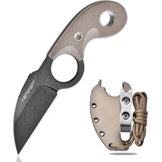 TONIFE Crescent Neck Knife Outdoor Messer Feststehende Klinge aus 8Cr14MoV-Stahl mit Scheide Lanyard und Clip Full Tang Messer Überlebensmesser (Warmer Sand+Schwarz Oxid dann Stonewash)