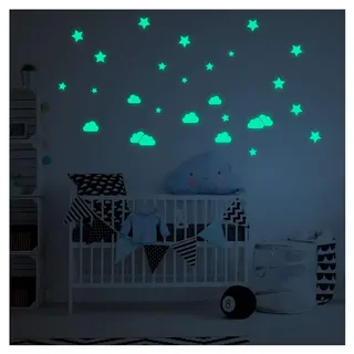 Aufkleber, phosphoreszierend, Wolken und Sterne, selbstklebend, fluoreszierend und leuchtend, bis zu 5 Stunden Laufzeit, Dekoration für Baby- und Kinderzimmer, 9 Wolken und 18 Sterne