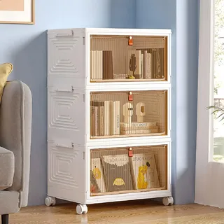VECELO 3er Pack Faltbare Aufbewahrungsboxen mit Deckel – 65 L, stabil, wasserdicht und stapelbar, mit Tür und Rollen – ideal für Schlafzimmer, Wohnzimmer und Küche, weiß