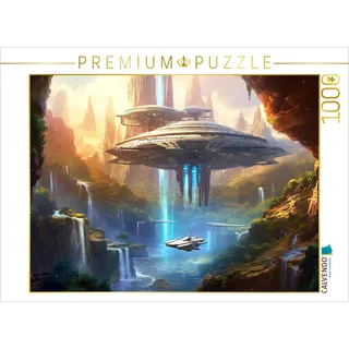 CALVENDO Puzzle Science Fiction - Reise zu fremden Planeten - Wasserfall Besucher | 1000 Teile Lege-Größe 64 x 48 cm Foto-Puzzle für glückliche Stunden