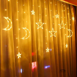 Stern Mond LED Lichterkette, Lichtervorhang Innen 8 Modi, Warmweiß Weihnachtsbeleuchtung, Weihnachtsdeko Fenster - Weiß