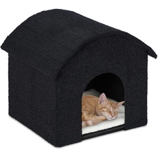 Relaxdays Katzenhöhle, faltbar, flauschig, Katzen Schlafplatz mit Kratzfläche, HBT: 44 x 48 x 41 cm, Katzenhaus, schwarz