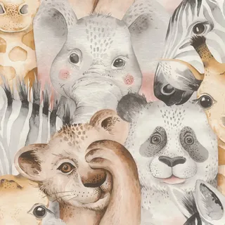 Rasch Tapete 252590 - Papiertapete mit bunten Tieren, Kindertapete Zebra, Elefant, Giraffe - 10,05m x 0,53m (LxB)