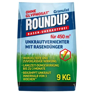 Roundup Rasen Unkrautfrei Rasendünger 9kg 450m2 2in1 100 Tage Granulat | 2in1 Düngung und Unkrautbekämpfung | Bis zu 100 Tage Wirkung | Für bis zu 450 m2
