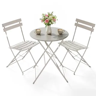 Clevich Bistro Set Balkon Metall, Klappbar Balkonmöbel Set 3 teilig, Bistrotisch mit 2 Klappstühlen, Gartenmöbel-Set Outdoor Sitzgruppe, Faltbar und Wetterfest, für Balkon, Garten, Terrasse, Grau
