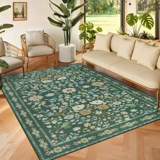 Homcomodar Waschbarer Teppich Wohnzimmer 120x170cm Boho Blumenmuster Teppiche Kinderzimmer Grün Vintage Teppich Kurzflor Weich rutschfest Teppiche für Schlafzimmer Esszimmer Wohnzimmer Büro