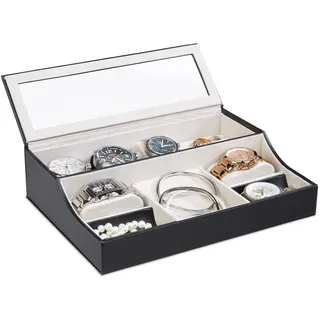 Relaxdays Schmuckkasten klein, Schmuckkästchen mit Deckel, für Uhren u. Schmuck, Fenster, Samt, HBT: 7x28x21 cm, schwarz