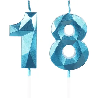 Geburtstagskerzen Zahl 18 Blau - 3D Blaue Kerzen zum 18 Geburtstagsdeko (Nummer 18 Kerze, Tortenkerzen) Geburtstagsparty, Feier