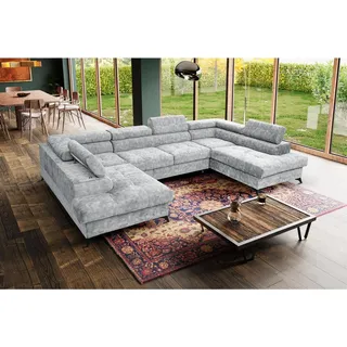 U-Form Polsterecke Sorento U 345 cm XXL Ecksofa große Schlafecke mit Bettkasten Kopfstützen Wohnlandschaft, Stoff: sally 07 - silber - Silber
