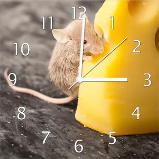 Wallario Design Wanduhr Süße Maus knabbert an einem Käse in der Küche aus Echtglas, Größe 30 x 30 cm - Gelb