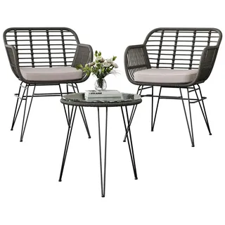 3-teiliges Rattan Balkonmöbel Set - kleines Balkon Sitzgruppe - Gartenstuhl Set mit Metallrahmen - weiche Kissen - Beistelltisch mit Glasplatte - grau - Grau