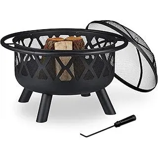Feuerschale mit Funkenschutz, Garten & Terrasse, mit Schürhaken, Outdoor Feuerstelle, Stahl, Ø 63.5 cm, schwarz