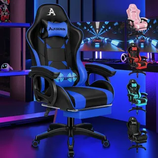 Gamingstuhl mit 2-Punkt-Massage und Fußstütze, Rückenlehne 150° verstellbar, blau - Blau