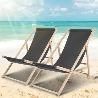 Aopunly 2X Liegestuhl Gartenstuhl Klappstuhl Kieferholz Holz Klappbar Relax Stoff Deck Grau - Grau