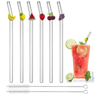 Wiederverwendbare Glas-Trinkhalme, 8 Stück (20 x 8 mm, gebogen), mit 6 süßen Obst-Motiven und 2 Reinigungsbürsten, ideal für Smoothies, Kaffee, Saft, Tee, Milch und Cocktails