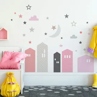 Wandsticker Kinder - Deko Babyzimmer - Wandsticker Kinder - Wandsticker skandinavisch - Riesen Wandsticker Häuser unter Mond und Sternen - H120 x L 180 cm
