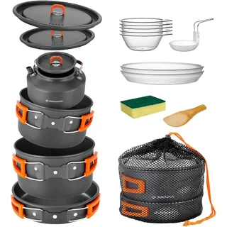 Odoland Camping Geschirr Set 15 Teilig, Outdoor Kochgeschirr Set mit 2 Topfe, Bratpfanne und Wasserkocher Camping Kochtopf Set, Kochgeschirr Aluminium für 4-5 Personen