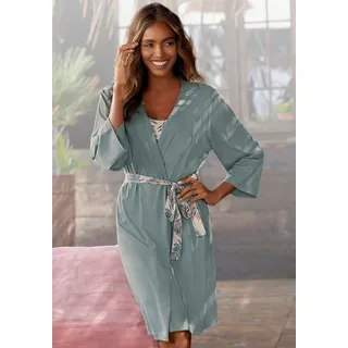 Kimono LASCANA, Damen, Gr. 36/38, grün (jadegrün), Single-Jersey, mehrfarbig, Kurzform, Hausmäntel Kimono, in uni oder Allover-Druck, Topseller