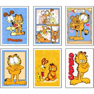 DKORARTE Set mit 6 Bildern auf Holzbasis, moderne Dekoration für Wohnzimmer, Schlafzimmer, Kinderzimmer, Garfield, mit Metallaufhängern (29 x 20 cm je Bild)