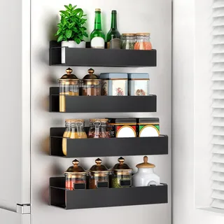 Spalivivre Magnetisches Gewürzregal, 4 Stück Kühlschrank Magnete Regal Kühlschrank Regal Ohne Bohren, Hängende Magnete Gewürzhalter für Küchenorganisation und Mikrowelle, 3.6kg Tragfähigkeit, Schwarz