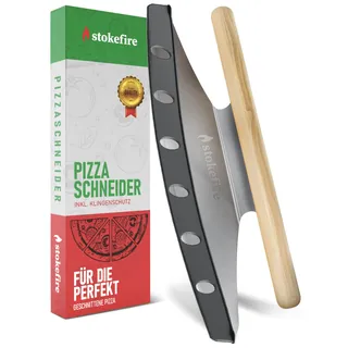 STOKEFIRE Pizzaschneider groß | Großes Wiegemesser für Pizza, Kuchen & Kräuter [MIT KLINGENSCHUTZ] 36 cm Qualitätsklinge, Pizzamesser (Pizzacutter) besser als jeder Pizzaroller