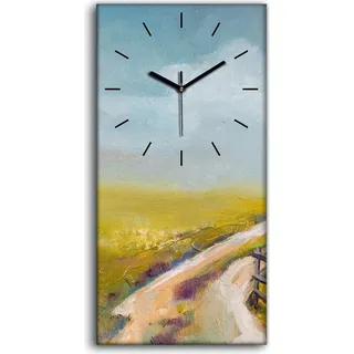 Wandbild Leinwand Bilder mit Uhr 30x60 Bild Wiesenstraße Feld Landschaften - schwarze Hände - Grün