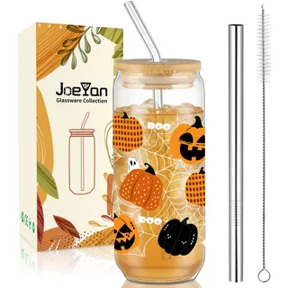 Joeyan 600ml Halloween Trinkbecher mit Deckel und Strohhalm,20oz Matcha Gläser,Trinkgläser mit Kürbis Geist Spinnweben,Longdrinkgläser für Eiskaffee Smoothie Bubble Tea,Halloween Glaswaren Geschenk