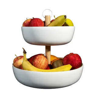 Tiali Obst Etagere 2 Etagen Bambus - Holz für Extra Viel Stauraum - Obstkorb Weiß aus Natürlichem Bambus für Frisches Obst - Fruit Basket - Moderne Obstschale für die Ganze Familie