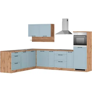 Winkelküche KOCHSTATION "KS-Lana", blau (küche: blau, front: hellblau matt, korpus: wotaneichefarben, arbeitsplatte: wotaneichefarben), B:240cm H:200cm T:300cm, Komplettküchen-Sets, Winkelküche, Stellbreite 240/300 cm, wahlweise mit E-Geräten