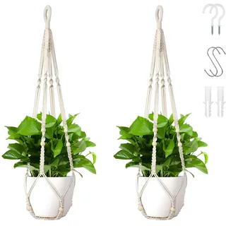 Wdmxszdq Makramee Blumenampel 2er Set – Hängender Blumentopf 35 Zoll aus Baumwolle mit Haken, Pflanzenampel für Innen, Balkon & Wohnzimmer, Boho Deko, Weiß (Ohne Topf & Pflanze)