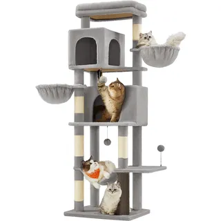 Feandrea Kratzbaum, 175 cm hoch, XL, mehrstöckiger Katzenbaum mit 2 Höhlen, 2 Liegemulden, 5 Kratzsäulen, Katzenbürste, große Plattform, Taubengrau PCT182G01