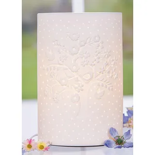 GILDE Tischleuchte Blüten Blumen Baum Vogel Lampe aus Porzellan weiß Höhe 28 cm stilvolle Beleuchtung für Wohnzimmer Schlafzimmer Dekoration