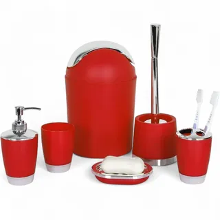 6tlg Badset Badezimmer Zubehör Set Organizer: Seifenspender, Zahnputzbecher, Kosmetikeimer, WC Bürste und Halter, Seifenschale, Mülleimer, Zahnbürstenhalter, Badgarnitur (Rot Design 1)
