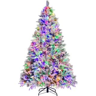 COSTWAY Künstlicher Weihnachtsbaum 210cm, Tannenbaum mit Schnee und Zapfen, 8 Lichtmodi & 1270 PE PVC Zweigspitzen, Christbaum, Kunstbaum Weihnachten - Grün, Weiß