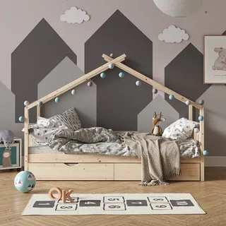 Vitalispa Hausbett Design, 90x200 cm mit Gästebett, Naturholz