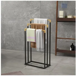 kleankin Handtuchhalter Freistehend, Handtuchständer mit 3 Handtuchstangen Badetuchhalter für Badezimmer, Stahl Bambus