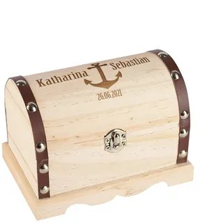 Herz & Heim® Personalisiertes Hochzeitsgeschenk Schatztruhe mit Gravur in verschiedenen Größen Anker, ca. 11 cm x 7,5 cm x 6,5 cm (B/H/T)