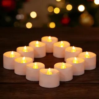 Yakpo 12 Stück warmgelbe flackernde batteriebetriebene LED-Teelichter mit Timer, flammenlose Kerzen mit Timerfunktion, elektrische künstliche Teelichter für Weihnachts-Halloween-Kürbis-Dekorationen