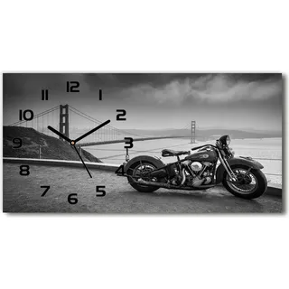 Wanduhr aus Glas – 60x30 cm - Glasbild - Glasuhr - Gehärtetes Glas - schwarze-zeiger - Motorrad - Schwarz