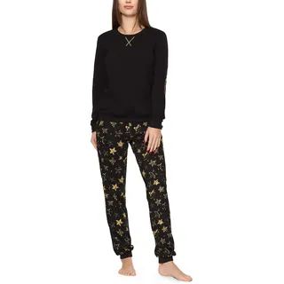 Merry Style Damen Lang Zweiteiliger Schlafanzug aus Baumwolle Pyjama Set Winter MS10-168 (Schwarz Gelbe Sterne, S)